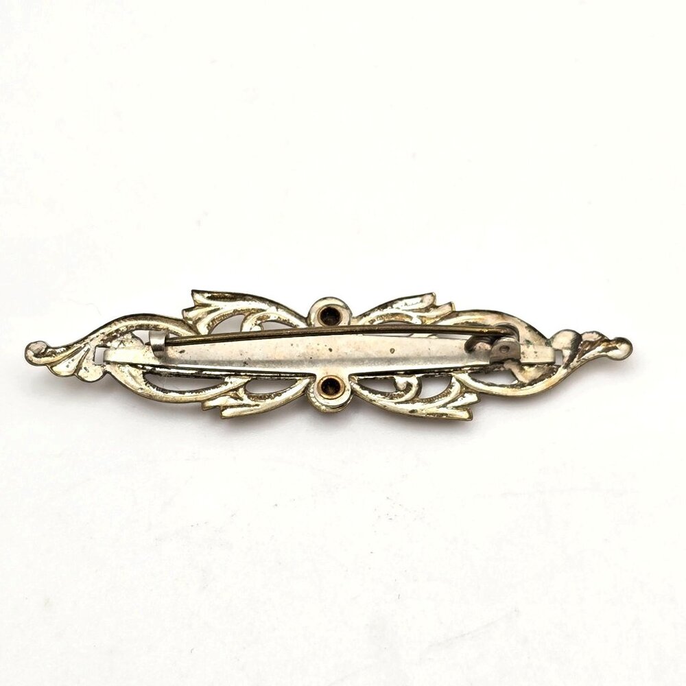 Antique Mother of Pearl Bar Brooch 2.5" Mixed Tone Metal & Paste Stones - Picture 4 of 6